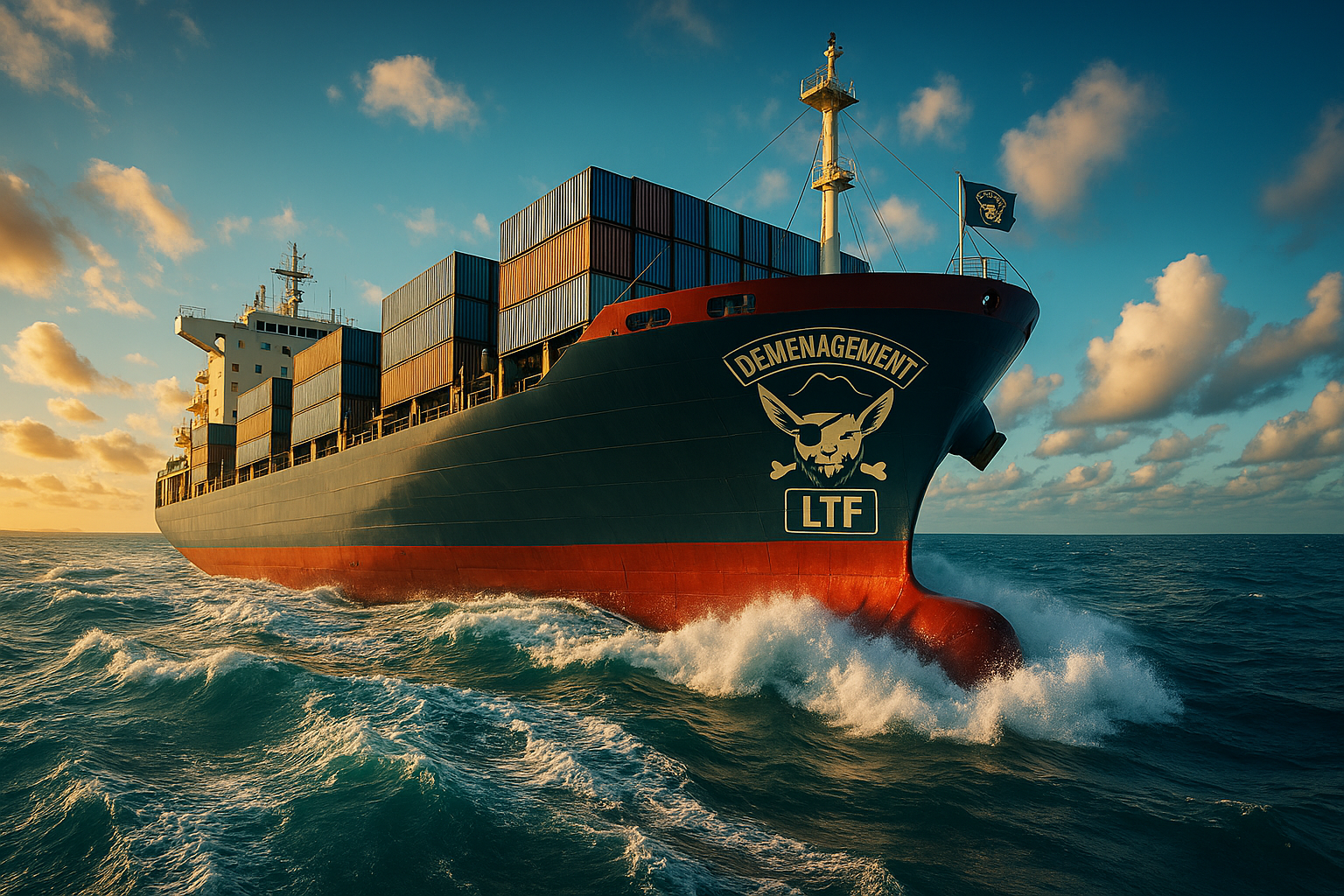 Navire et vague sous ciel doré